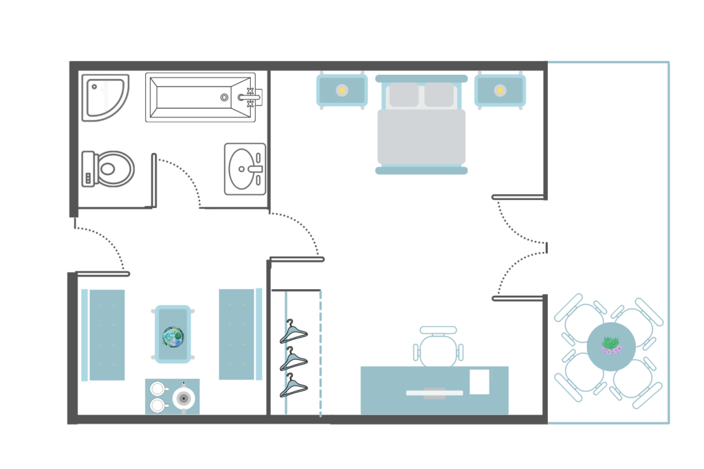 One bedroom suite sample floor plan at Vasia Resort and Spa.